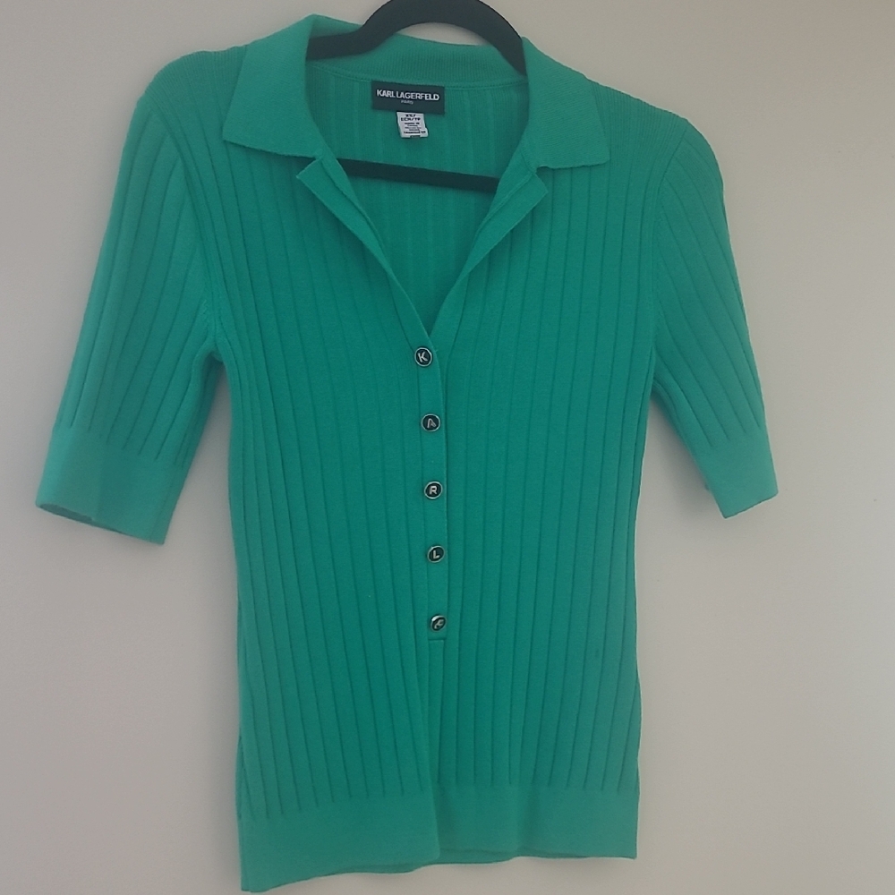 Karl Lagerfeld Green Button Down Ribbed Top